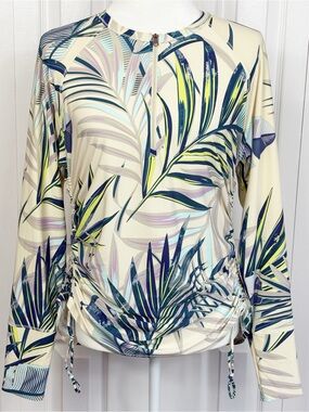 Calia by Carrie Underwood Tropical Leaf Print Ruched Rashguard Swim Top XL